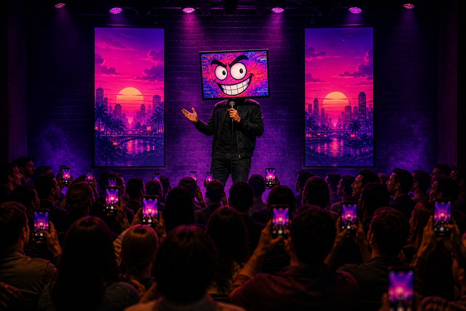 Comedian with a flat-screen TV head working the crowd, audience filming with glowing phones